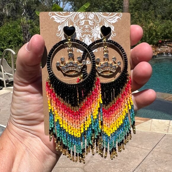 Handmade Beaded Queen Long Fringe Dangle Drop Lightweight Post Hoop Earrings - Picture 8 of 9